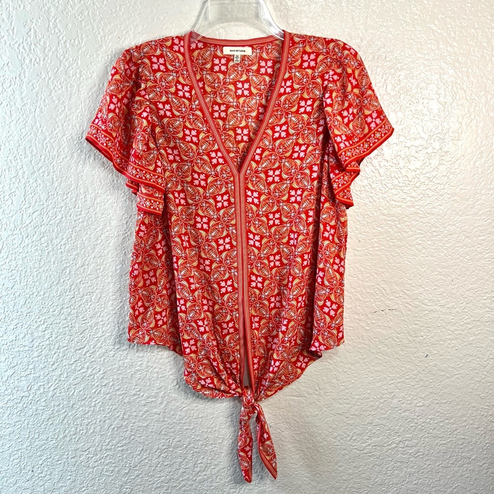 Max Studio Red Pink Yellow Floral Short sleeve Casual Boho Blouse Summer Tops M
